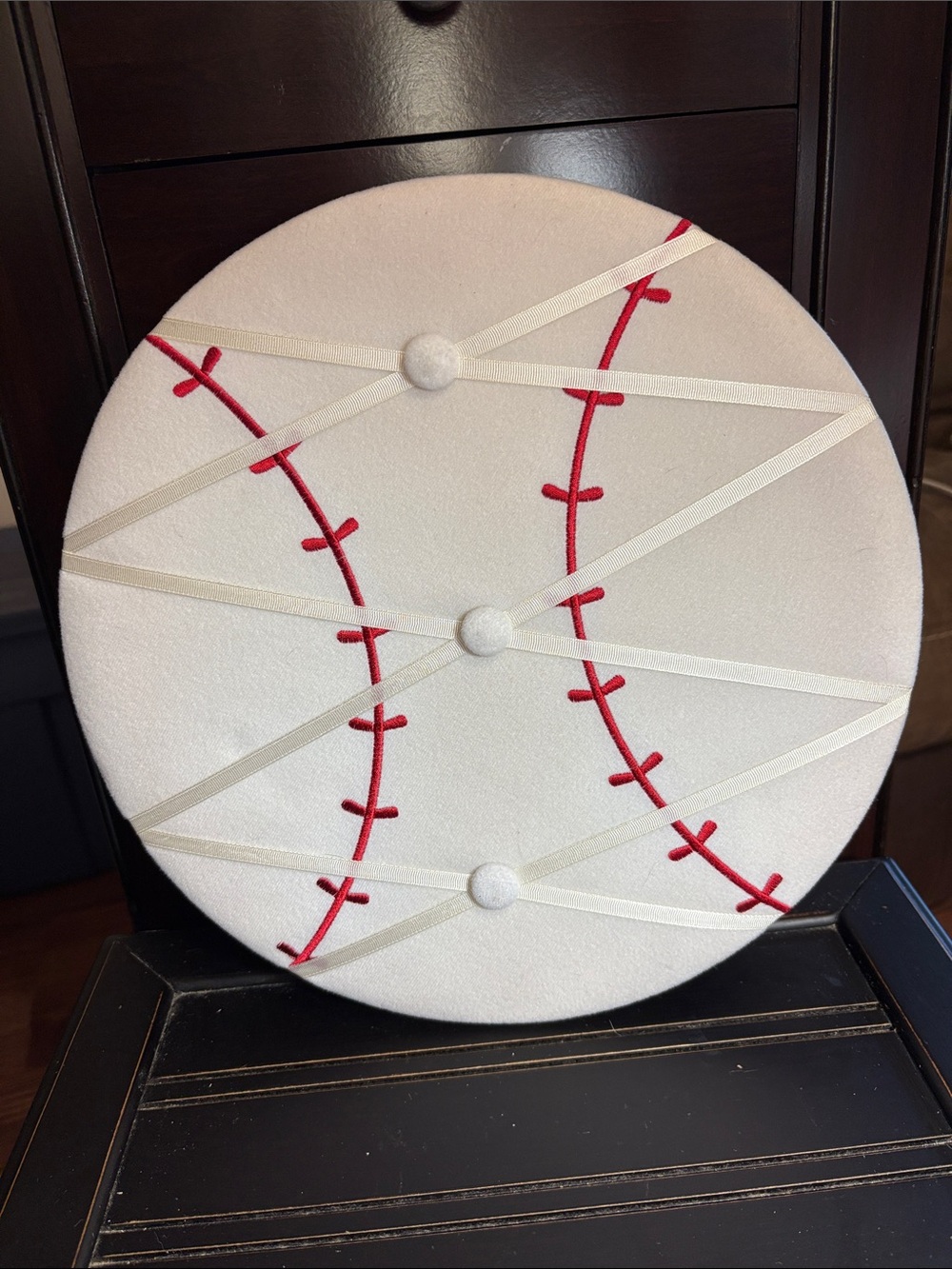White Baseball-Themed Fabric Memo Board with Red Stitching